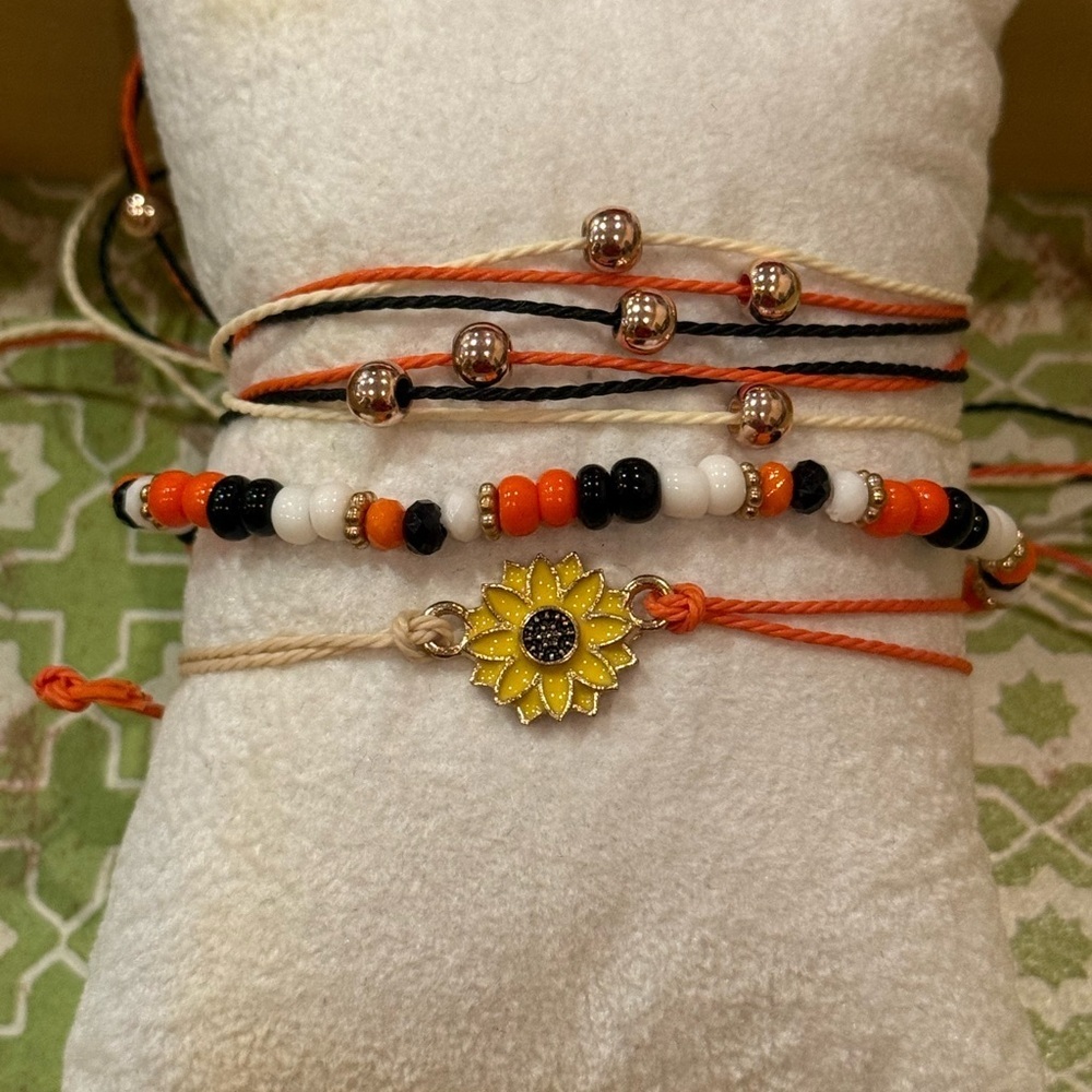Sunflower Charm Adjustable Bracelet Stack – Beaded & Cord Styles – 3 Pc Set -NEW